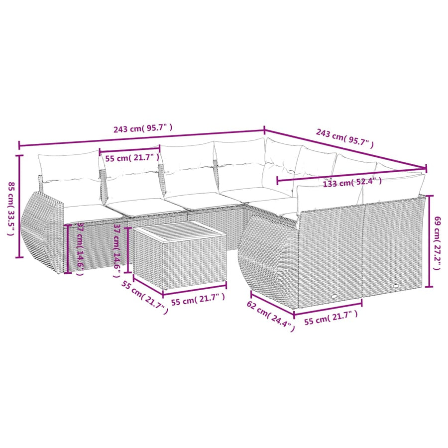 9-Delige Loungeset Met Kussens Poly Rattan Grijs