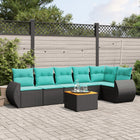 7-piece garden sofa set with cushions in black poly rattan