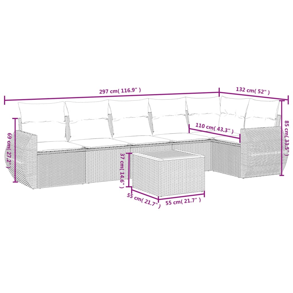 7-Delige Loungeset Met Kussens Poly Rattan Beige