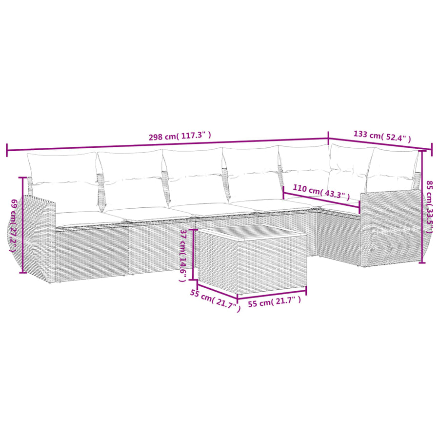 7-Delige Loungeset Met Kussens Poly Rattan Grijs