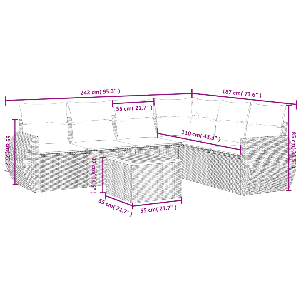 7-Delige Loungeset Met Kussens Poly Rattan Zwart
