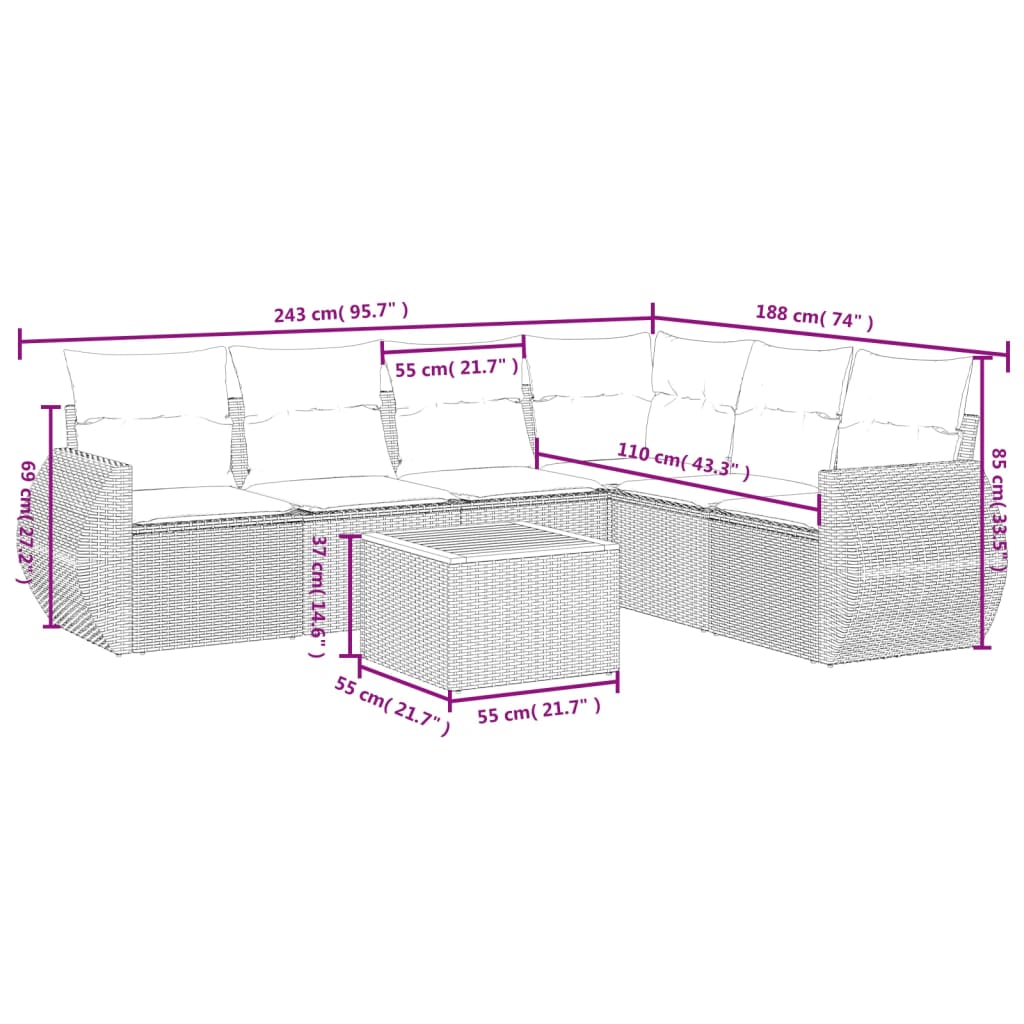 7-delige tuinbankset met kussens, grijs polyrotan