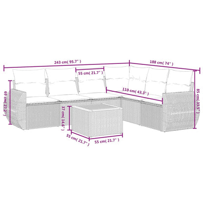 7-delige tuinbankset met kussens, grijs polyrotan