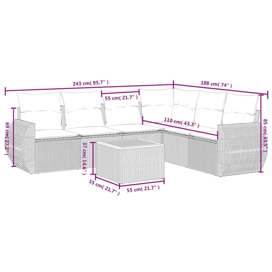 7-delige tuinbankset met kussens, grijs polyrotan