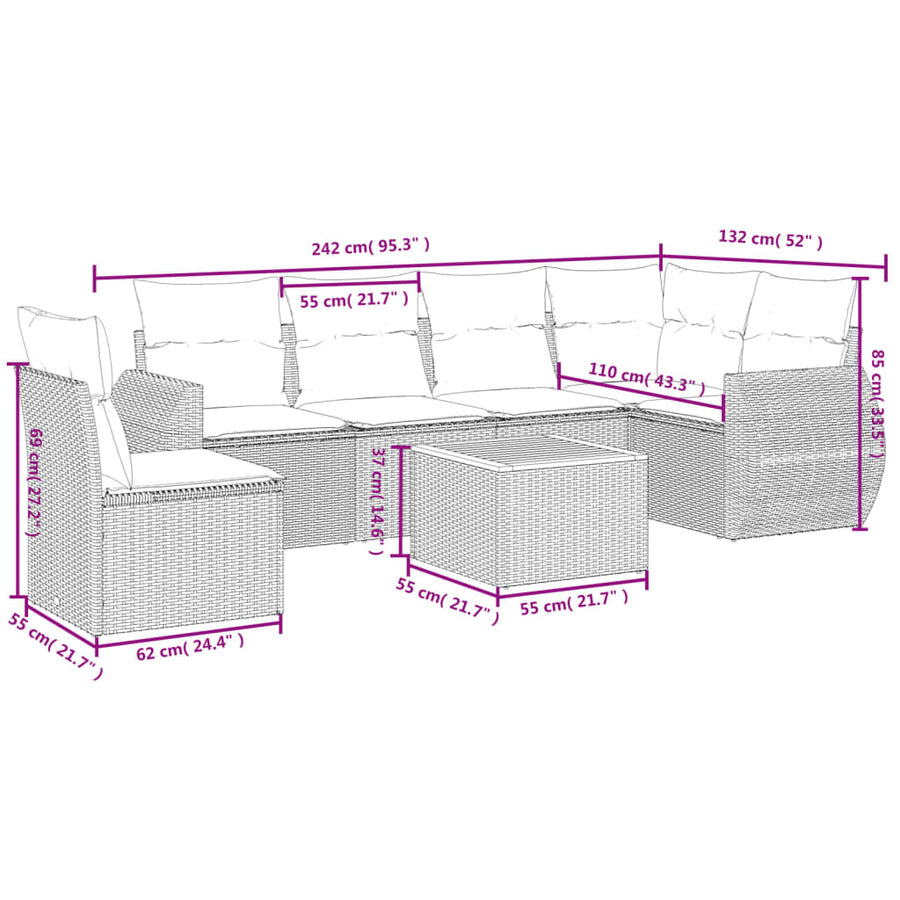 7-Delige Loungeset Met Kussens Poly Rattan Beige