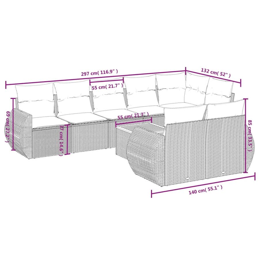 9-Delige Loungeset Met Kussens Poly Rattan Beige
