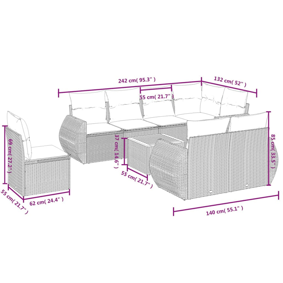 9-Delige Loungeset Met Kussens Poly Rattan Beige