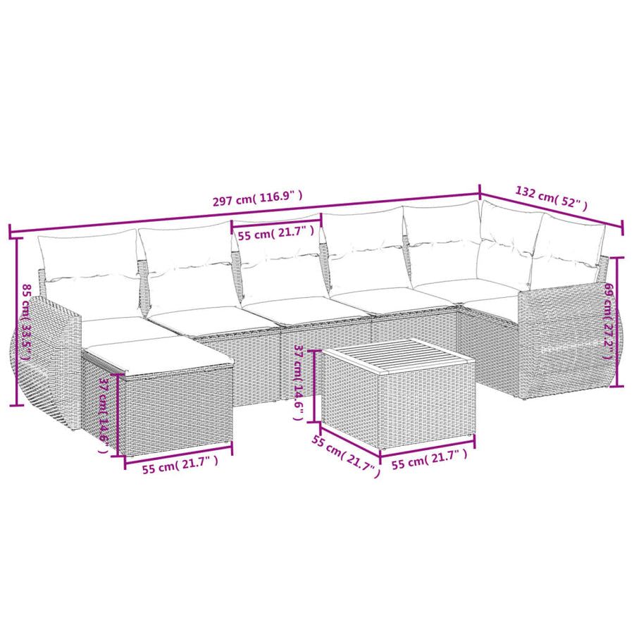 8-Delige Loungeset Met Kussens Poly Rattan Grijs