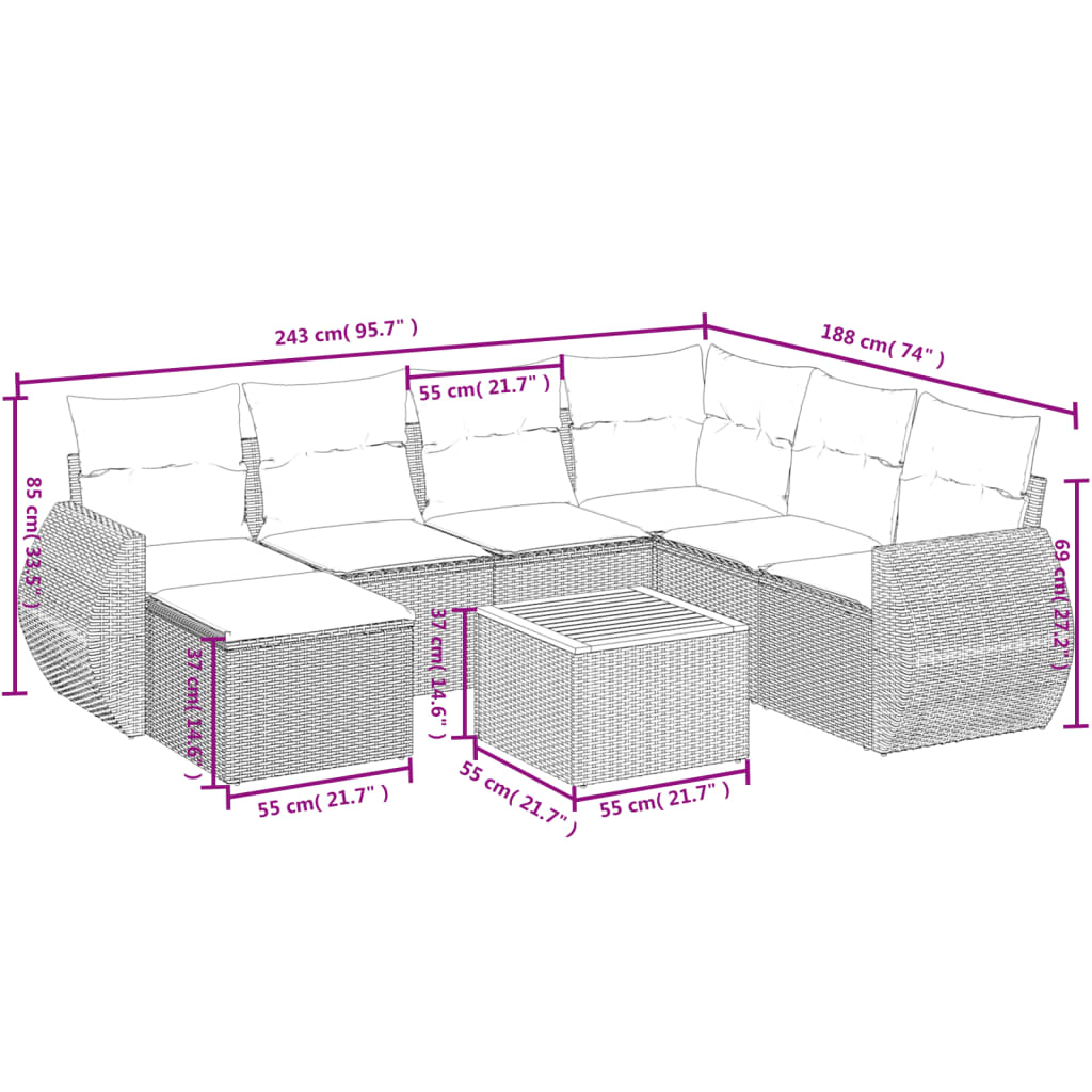 8-delige tuinbankset met kussens, grijs polyrotan