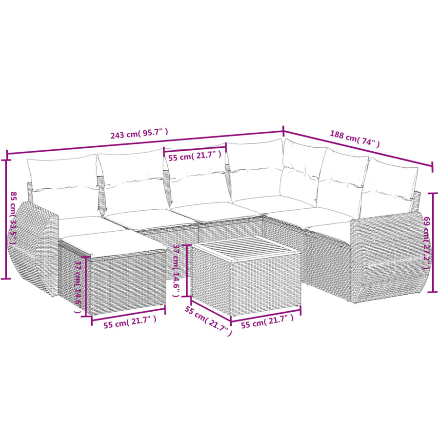 8-delige tuinbankset met kussens, grijs polyrotan
