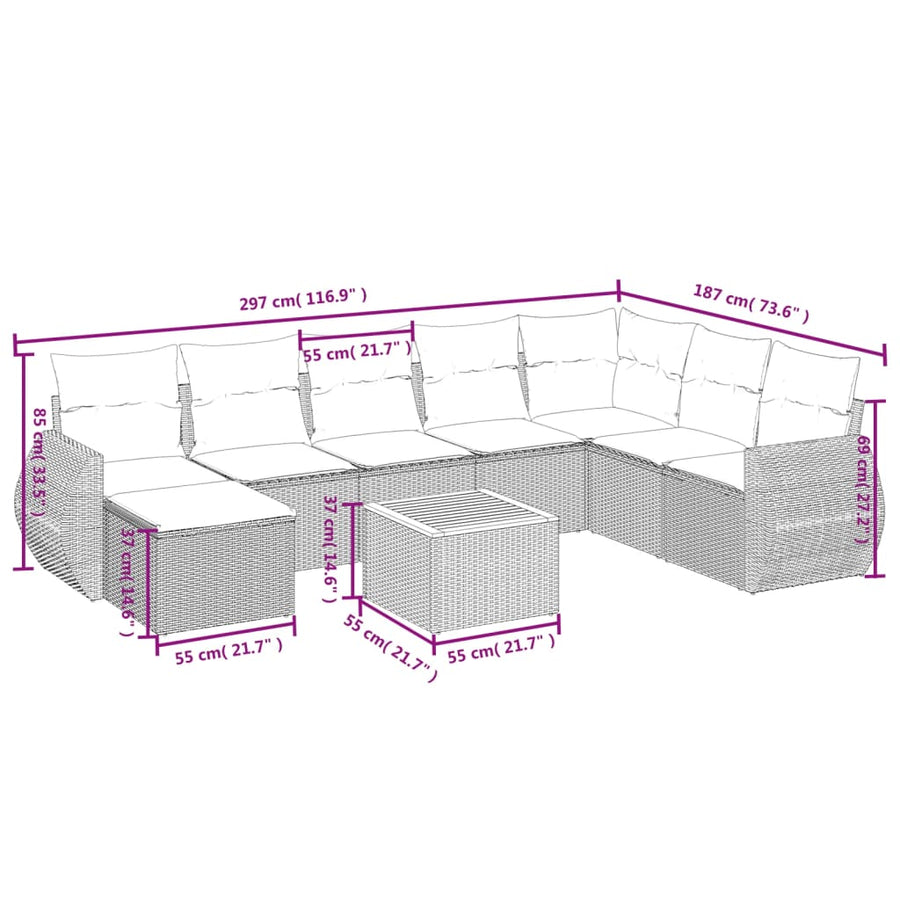 9-Delige Loungeset Met Kussens Poly Rattan Beige
