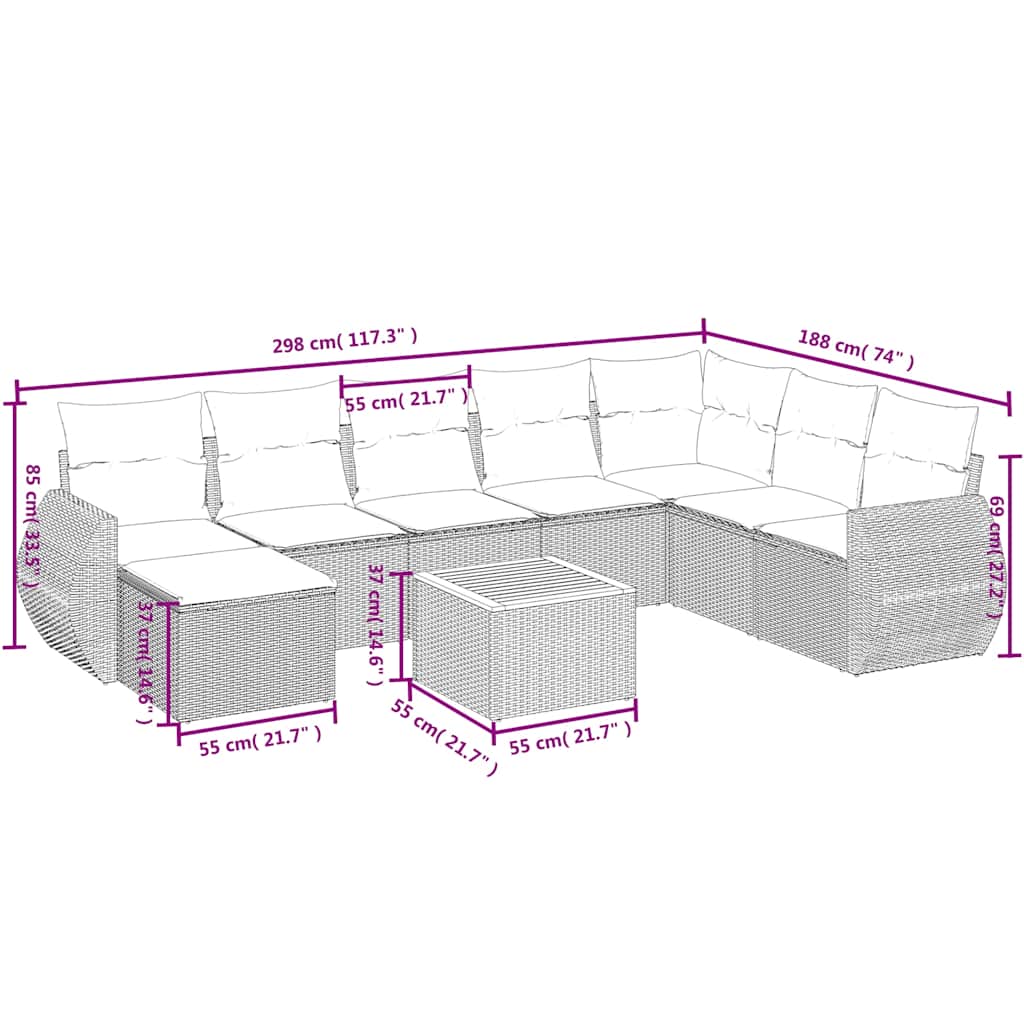 9-delige tuinbankset met kussens, grijs polyrotan