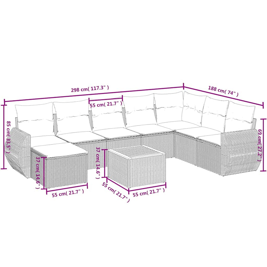 9-delige tuinbankset met kussens, grijs polyrotan
