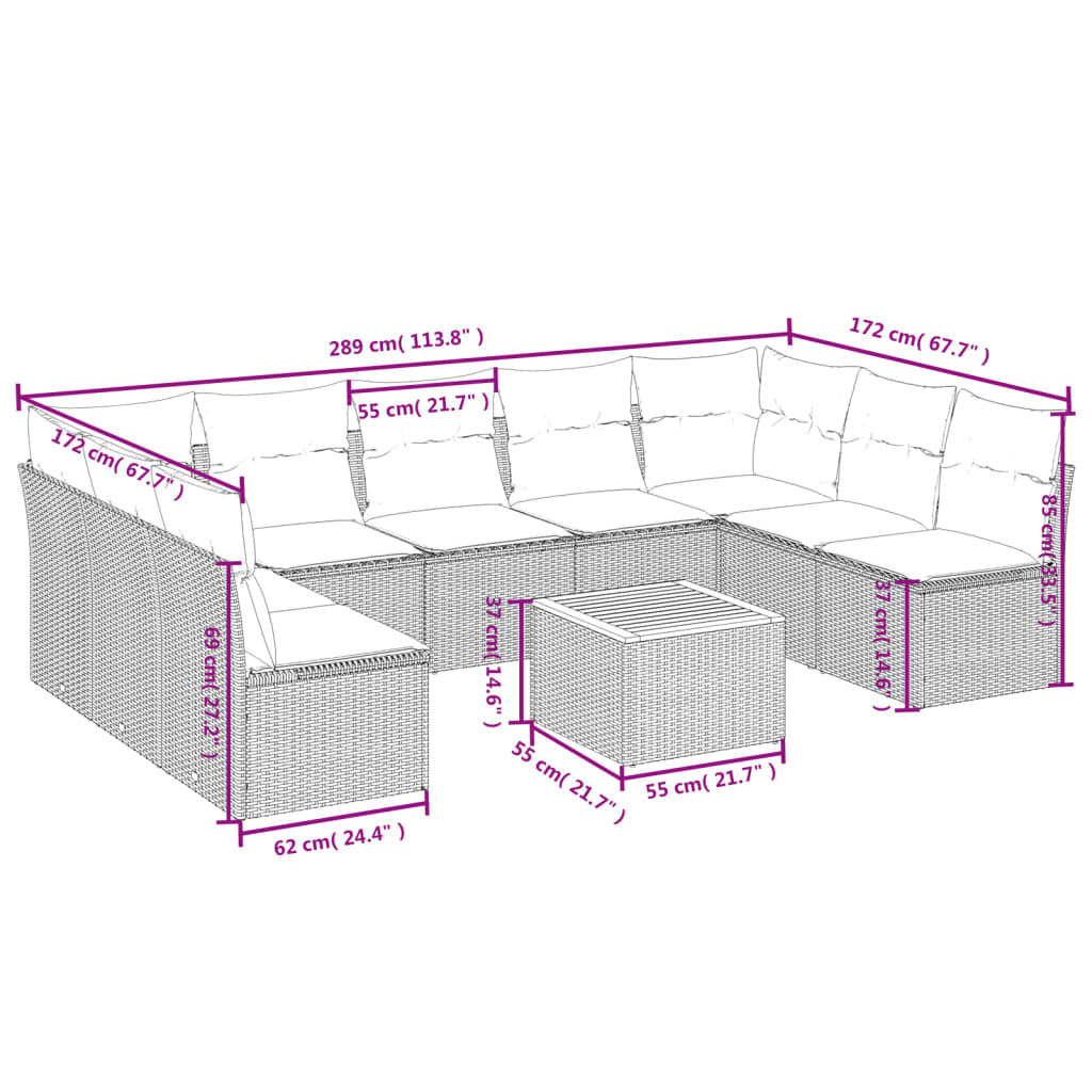 10-Delige Loungeset Met Kussens Poly Rattan Zwart