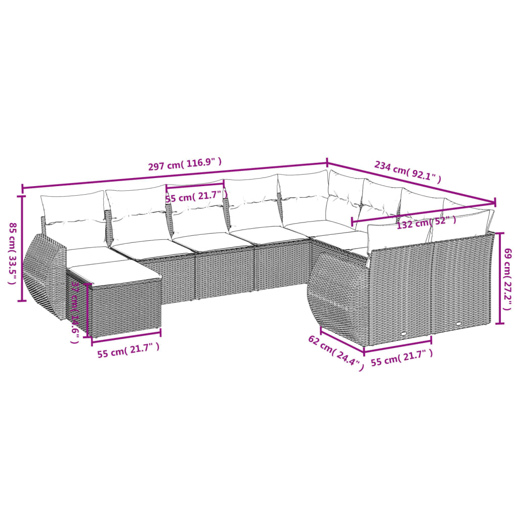 10-Delige Loungeset Met Kussens Poly Rattan Beige