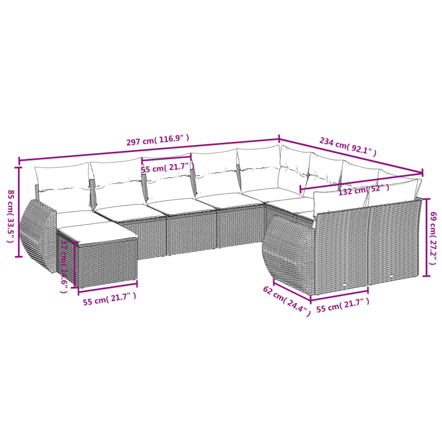 10-Delige Loungeset Met Kussens Poly Rattan Beige