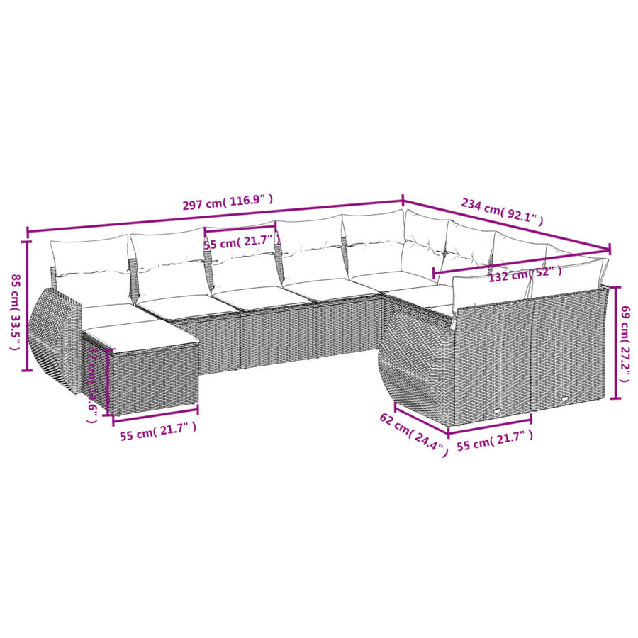 10-delige tuinbankset met kussens, grijs polyrotan
