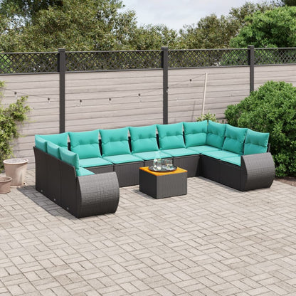 11-delige tuinbankset met kussens, zwart polyrotan