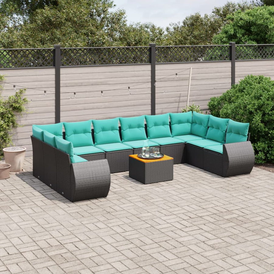 11-delige tuinbankset met kussens, zwart polyrotan