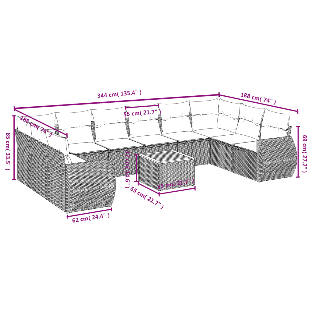11-Delige Tuinset Met Kussens Poly Rattan Beige