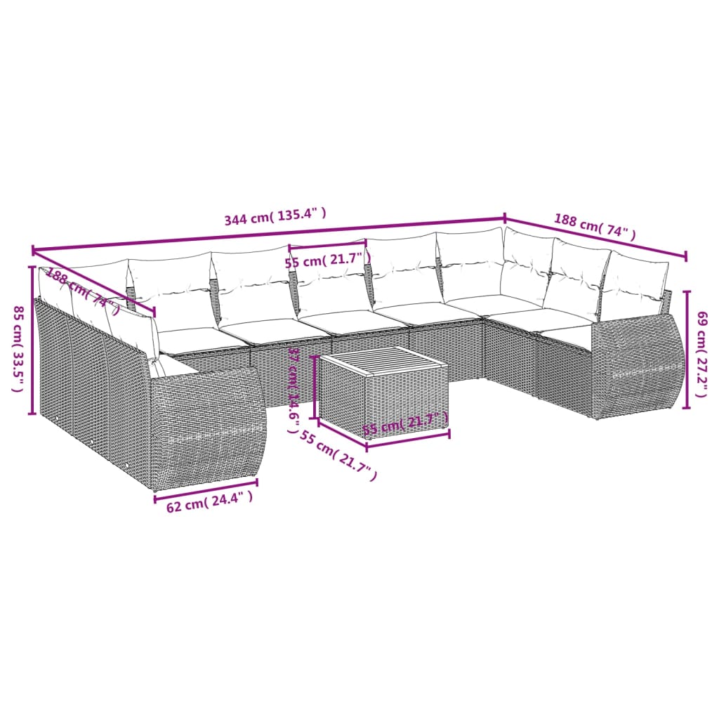 11-delige tuinbankset met kussens, grijs polyrotan