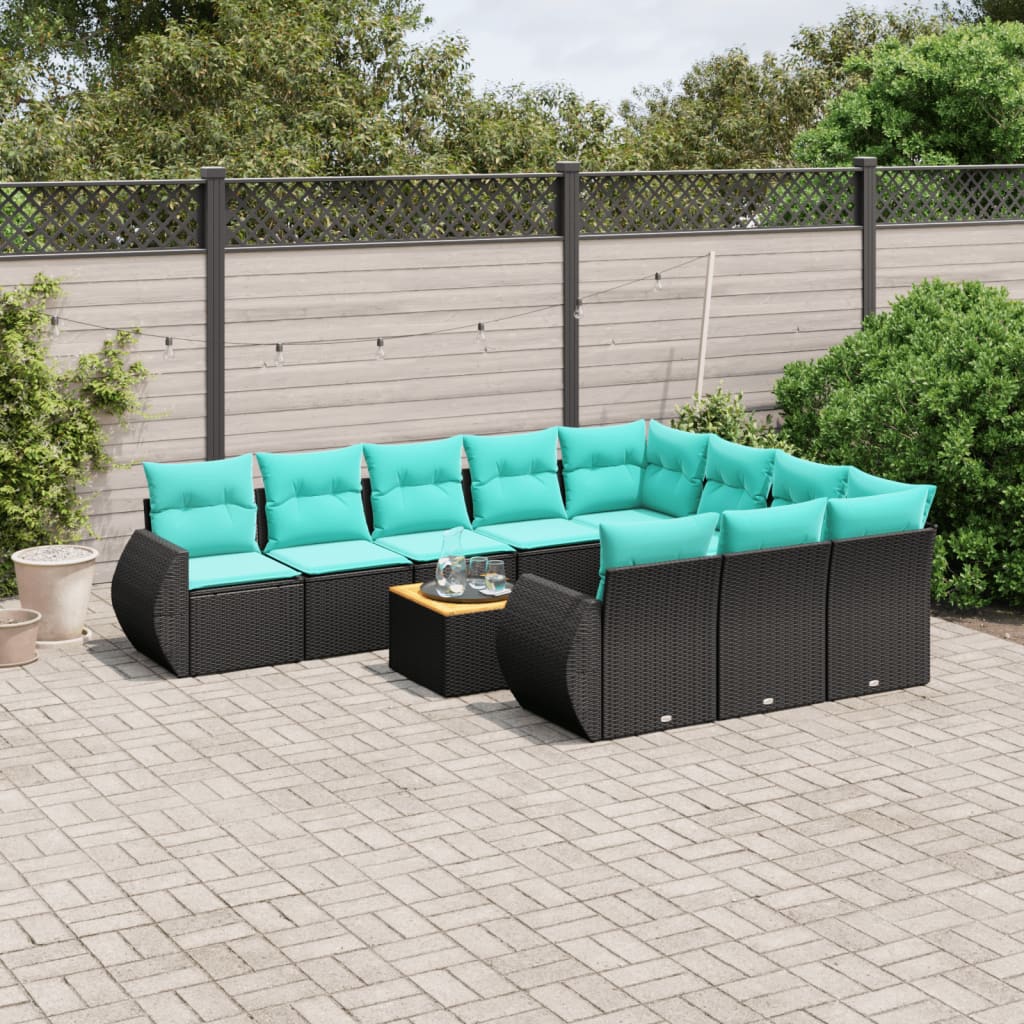 11-delige tuinbankset met kussens, zwart polyrotan