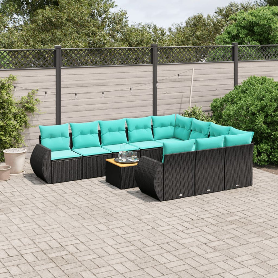11-delige tuinbankset met kussens, zwart polyrotan