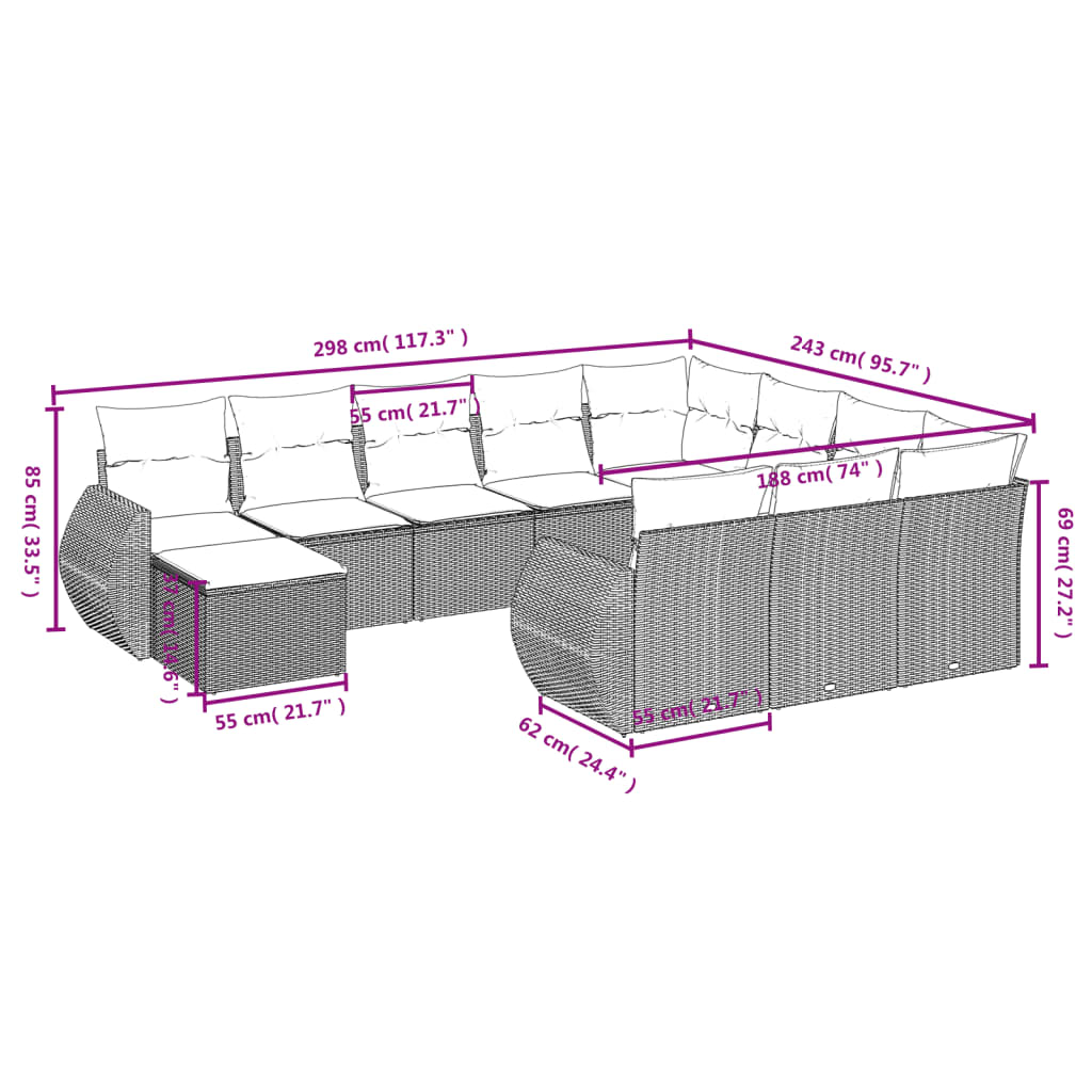 11-Delige Tuinset Met Kussens Poly Rattan Beige