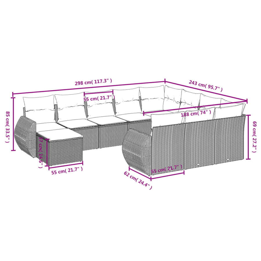 11-Delige Tuinset Met Kussens Poly Rattan Beige