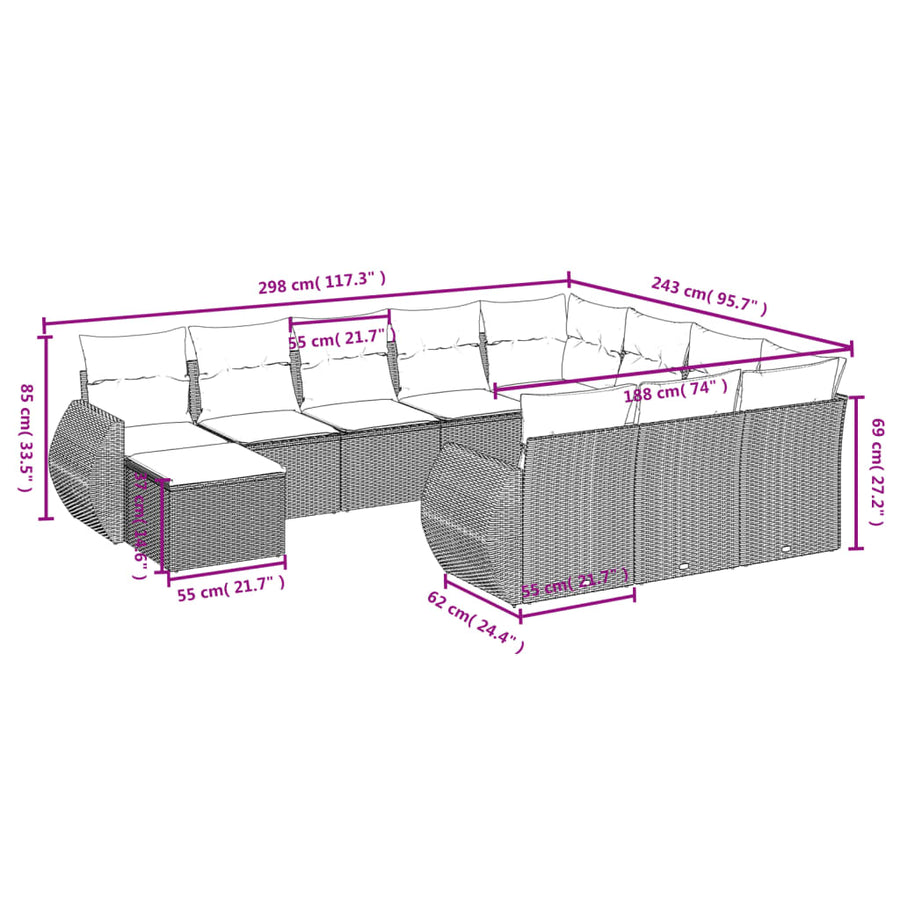 11-delige tuinbankset met kussens, grijs polyrotan