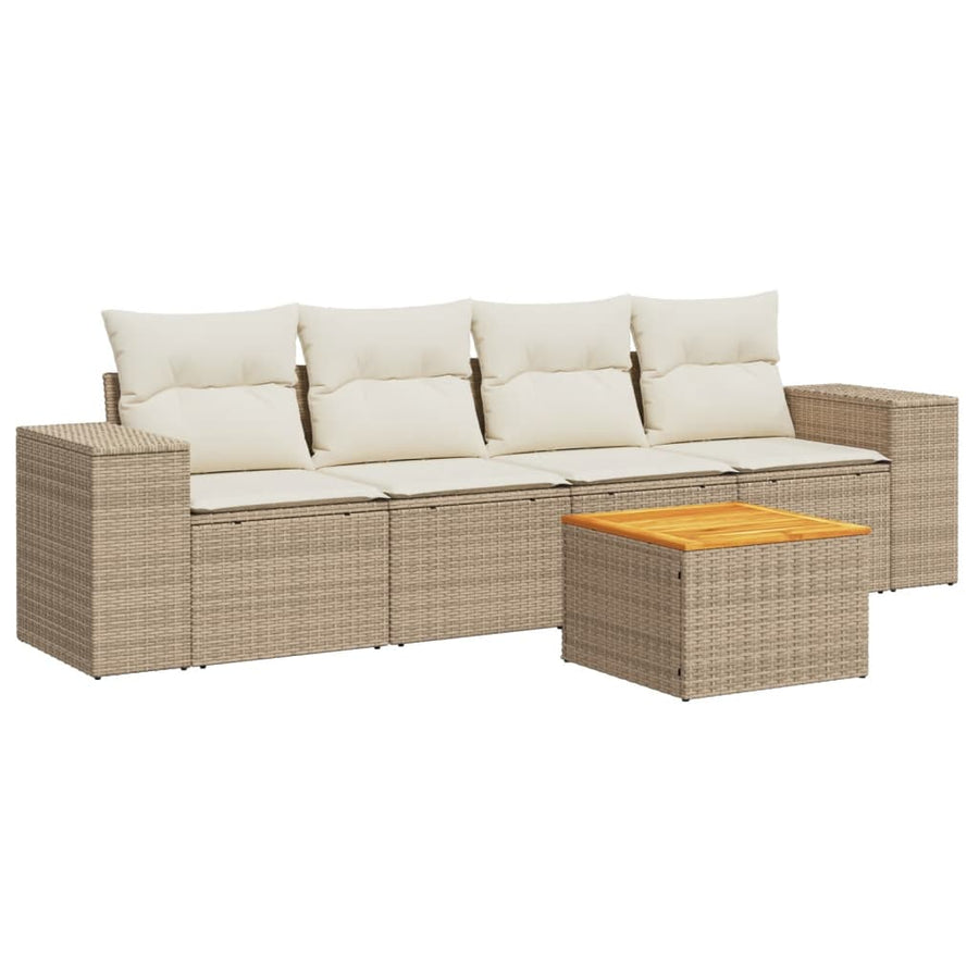 5-delige Loungeset met kussens poly rattan beige