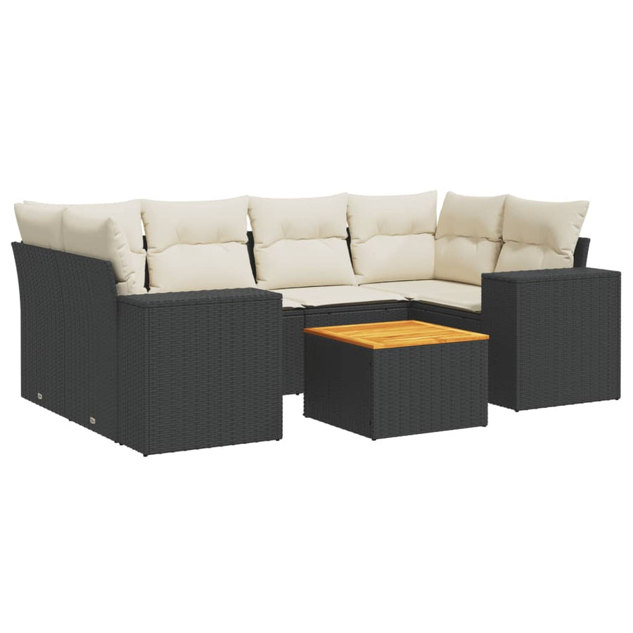 7-Delige Loungeset Met Kussens Poly Rattan Zwart en crème