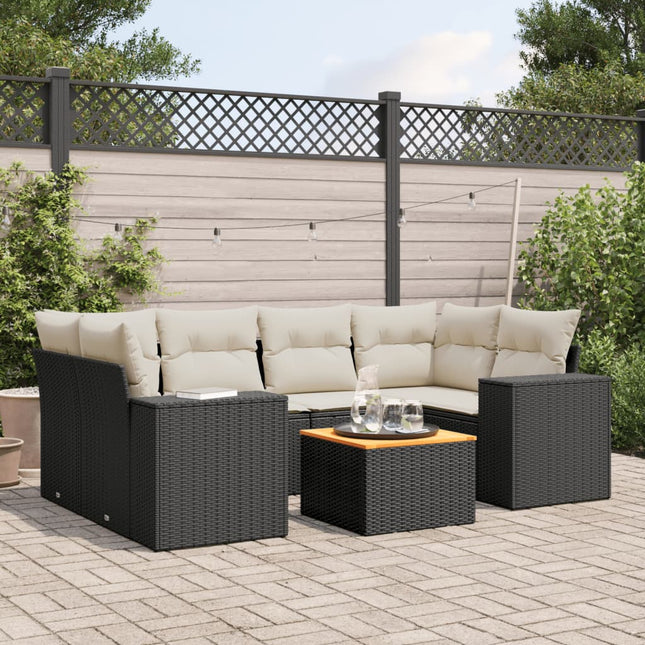 7-Delige Loungeset Met Kussens Poly Rattan Zwart en crème