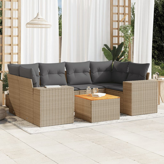 7-Delige Loungeset Met Kussens Poly Rattan Beige en grijs