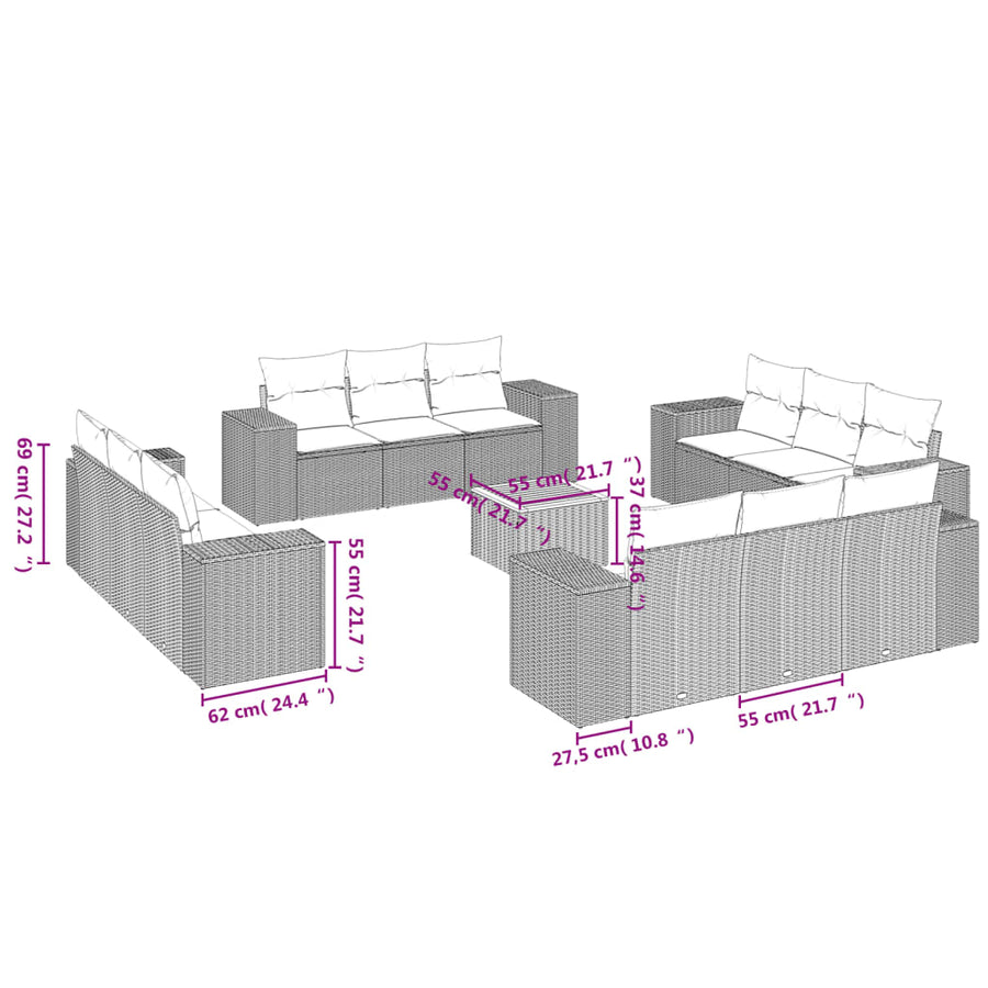 13-Delige Loungeset Met Kussens Poly Rattan Zwart
