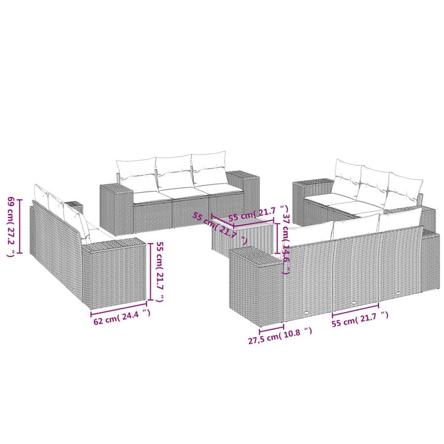 13-Delige Loungeset Met Kussens Poly Rattan Beige