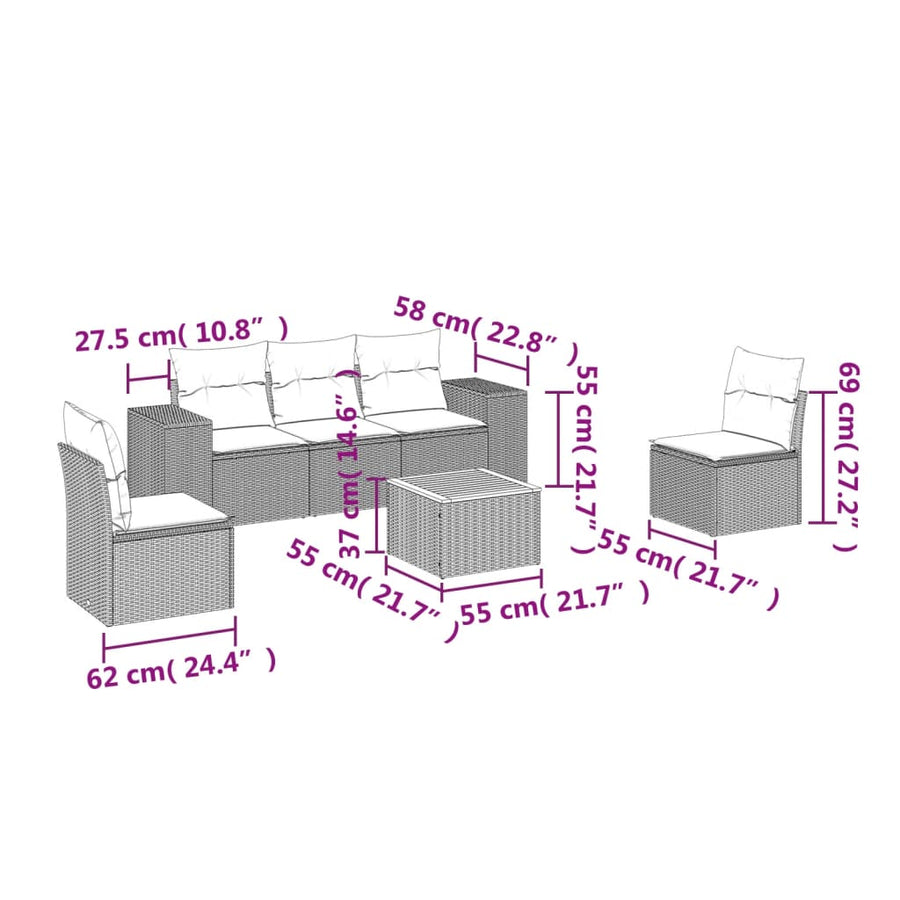 6-Delige Loungeset Met Kussens Poly Rattan Zwart en crème