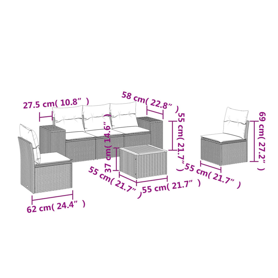 6-Delige Loungeset Met Kussens Poly Rattan Beige en grijs