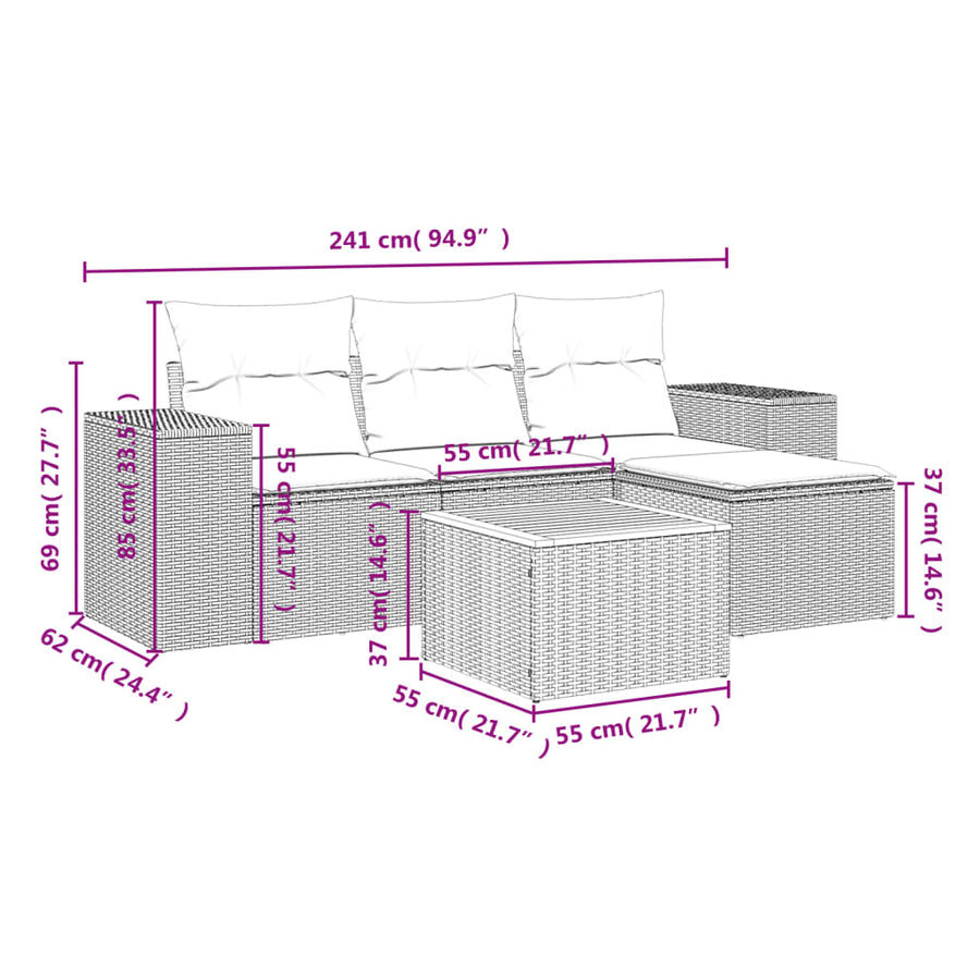 5-Delige Loungeset Met Kussens Poly Rattan Zwart en crème