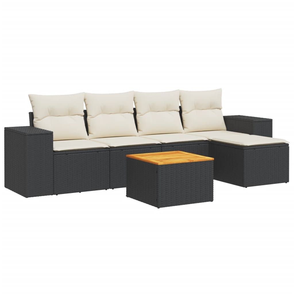 6-Delige Loungeset Met Kussens Poly Rattan Zwart en crème