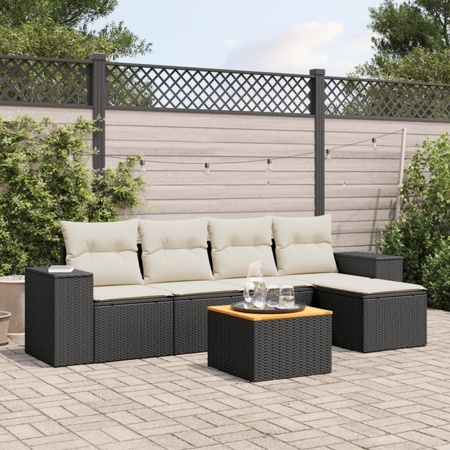 6-Delige Loungeset Met Kussens Poly Rattan Zwart en crème