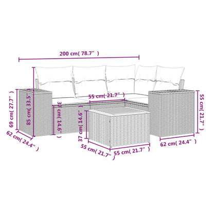 5-Delige Loungeset Met Kussens Poly Rattan Zwart en crème