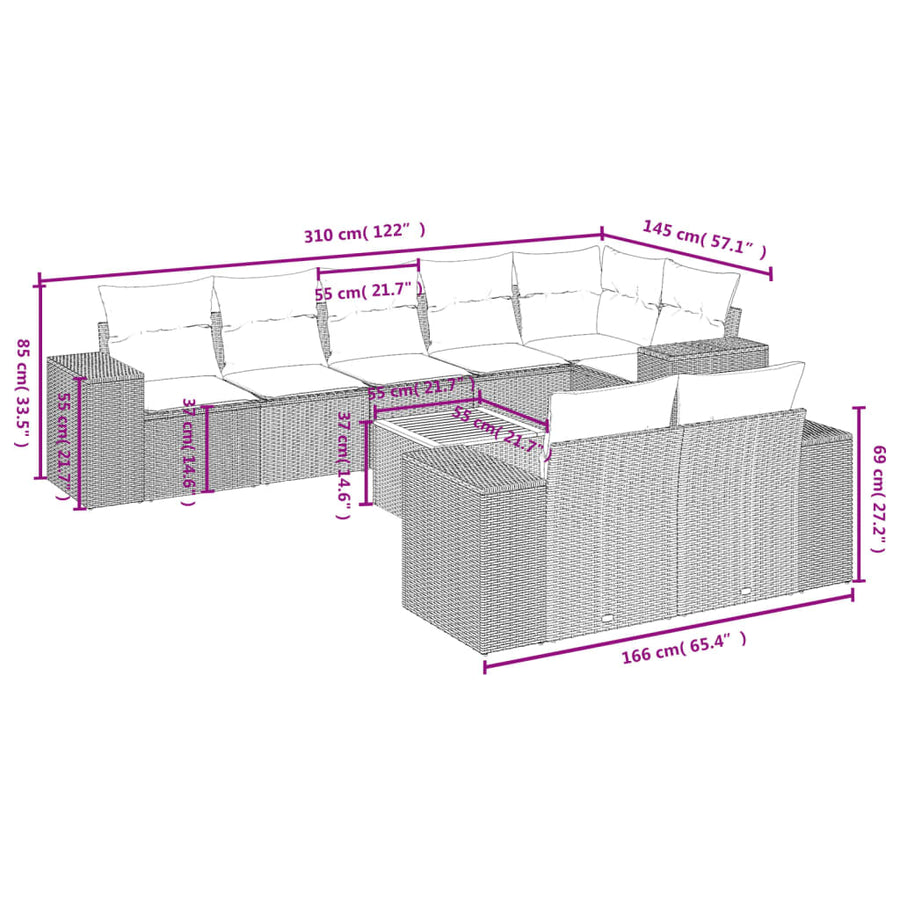 9-Delige Loungeset Met Kussens Poly Rattan Zwart