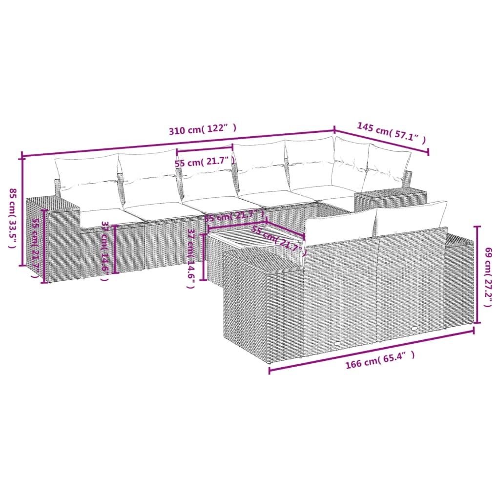 9-Delige Loungeset Met Kussens Poly Rattan Beige