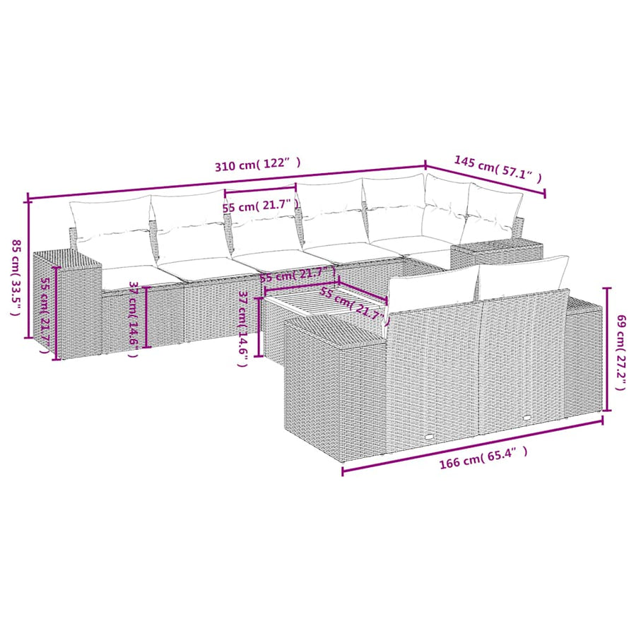 9-delige tuinbankset met kussens, grijs polyrotan