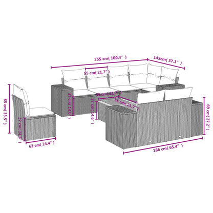 9-delige tuinbankset met kussens, grijs polyrotan