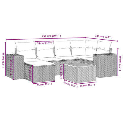 7-delige tuinbankset met kussens, grijs polyrotan