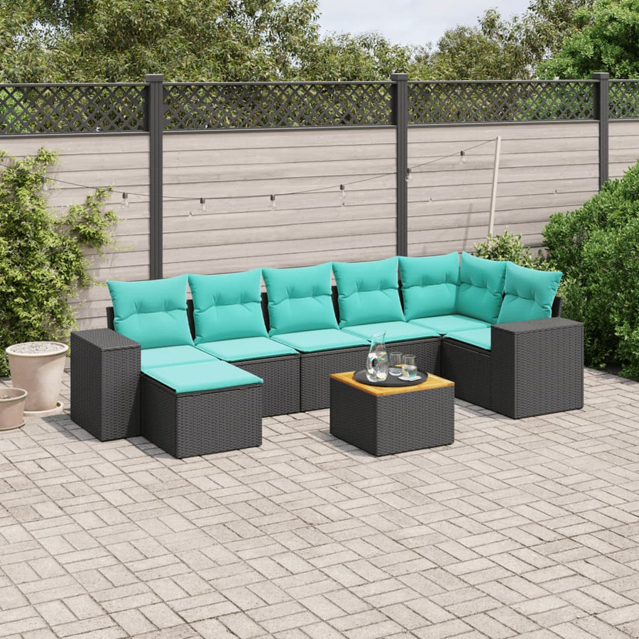 8-delige tuinbankset met kussens, zwart polyrotan