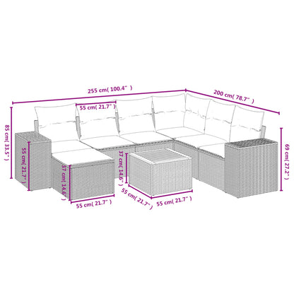 8-delige tuinbankset met kussens, grijs polyrotan