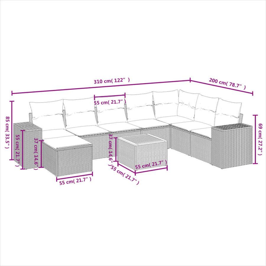 9-Delige Loungeset Met Kussens Poly Rattan Beige